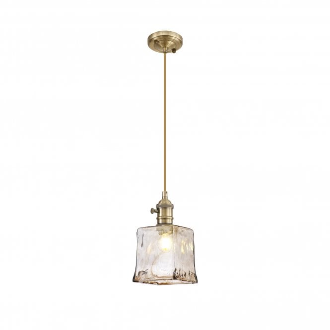 PIEBALD Switched Pendant 1.5m | Antique Brass Golden Brown Braided Cable Brown Square Glass