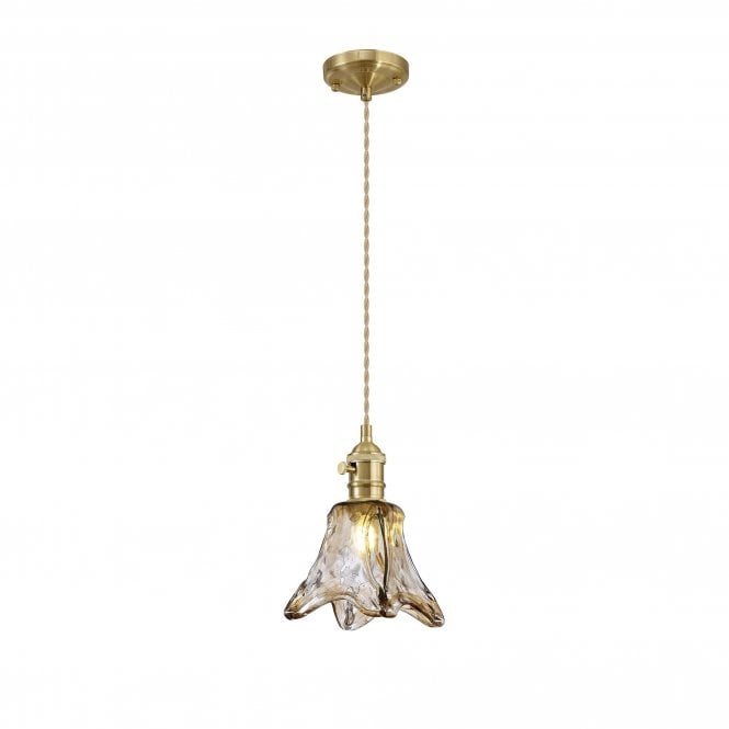 PIEBALD Switched Pendant 1.5m | Brass and Pale Gold Twisted Cable and Brown Flower Glass
