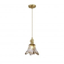 PIEBALD Switched Pendant 1.5m | Brass and Pale Gold Twisted Cable and Brown Flower Glass