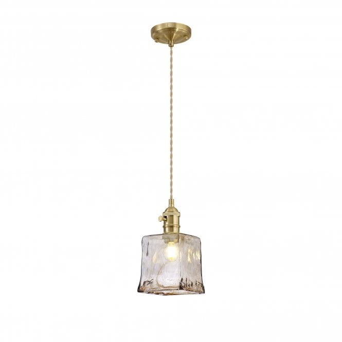 PIEBALD Switched Pendant 1.5m | Brass and Pale Gold Twisted Cable and Brown Square Glass