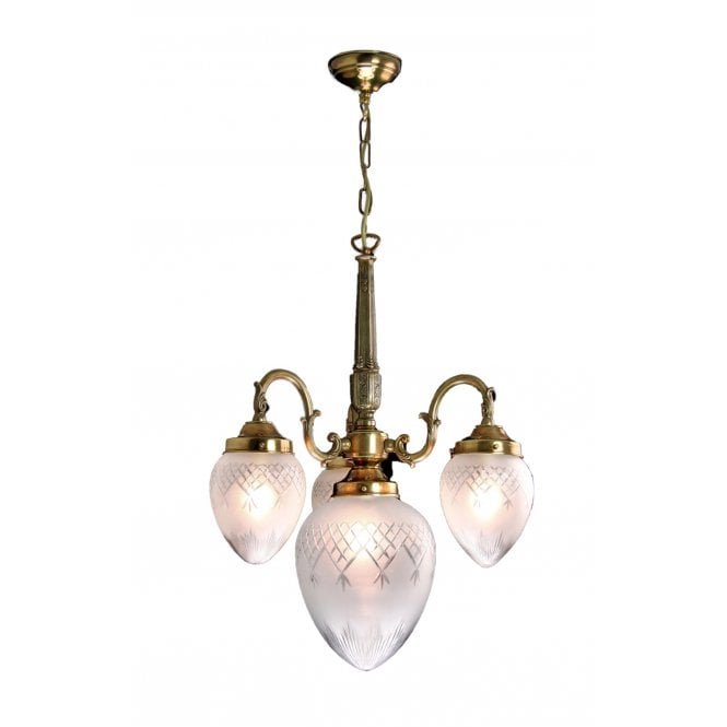 PINESTAR distressed brass 4 light pendant with cut frosted glasses