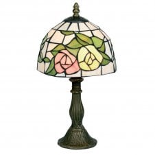 PINK & YELLOW FLOWER Tiffany Table Lamp in Antique Brass