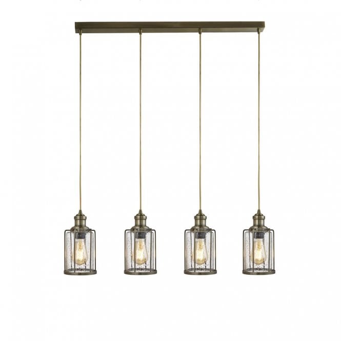 PIPES 4 light pendant bar in antique brass with seeded glasses
