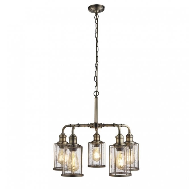 PIPES 5 Light Pendant | Antique Brass With Seeded Glass
