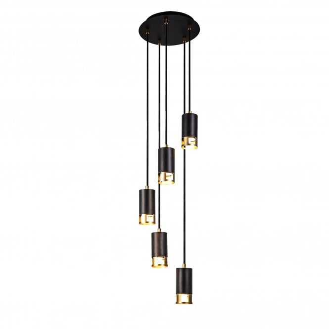 PISTON 5 Light Round Pendant | Black and Painted Gold