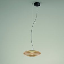PLAT LED Ceiling Pendant in Metallic Black with Amber Glass Shade