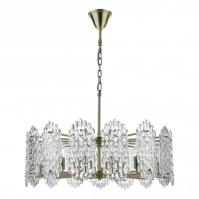 PORTHOS 15 Light Ceiling Pendant in Antique Brass and Textured Glass