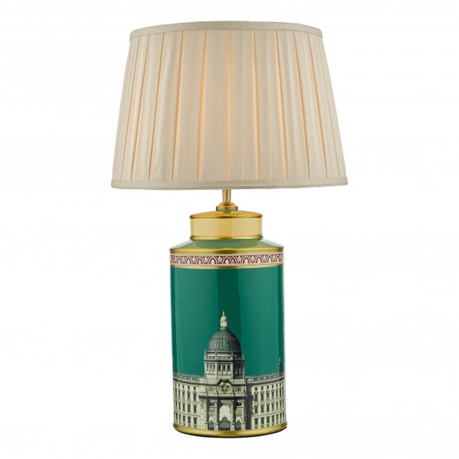PROSPECT Ceramic Table Lamp in Green and Gold with Building Print | Base Only