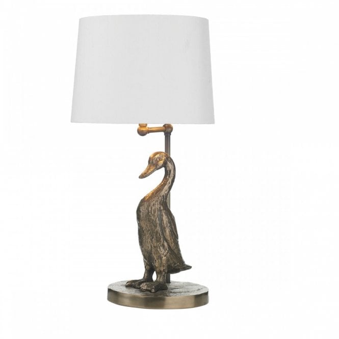PUDDLE bronze duck table lamp with ivory silk shade