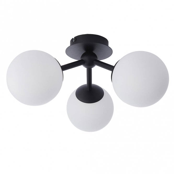 Pulsa 3 Light IP44 Bathroom Semi-Flush in Matte Black with Matte White Glass Shades