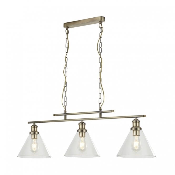 PYRAMID 3 light ceiling pendant bar in antique brass with clear glasses