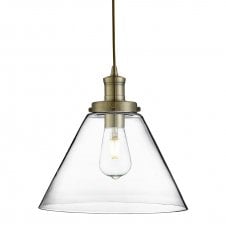 contemporary antique brass pendant with tapered clear glass