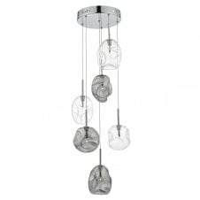 QUINN contemporary 6 light cluster pendant with smoked and clear glass shades
