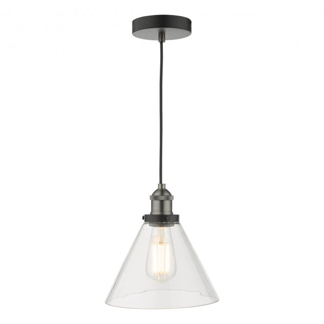 RAY Single Industrial Ceiling Pendant in Antique Nickel with Clear Glass Shade
