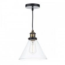 RAY vintage antique brass single ceiling pendant with clear tapered glass shade