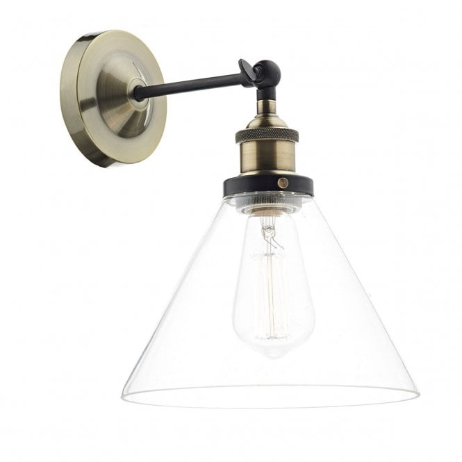 RAY vintage antique brass wall light with clear tapered glass shade
