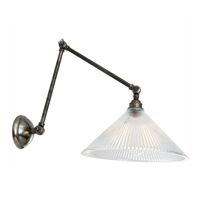 REBELL adjustable wall light in antique silver with ribbed glass coolie shade