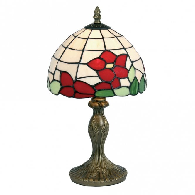 RED FLOWER Tiffany Table Lamp in Antique Brass