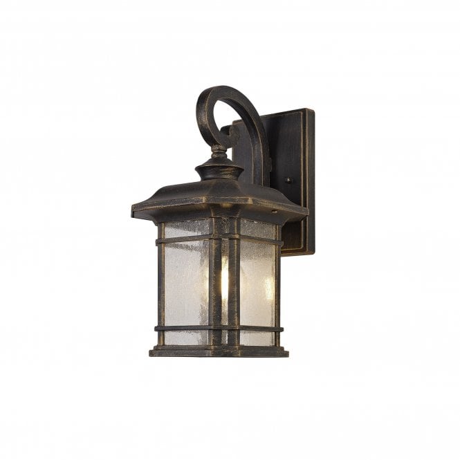 REGENCY Small Wall Lantern Brushed Black Gold Seeded Glass, IP54