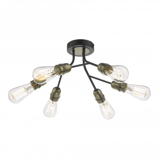 REMY industrial 6 light semi flush ceiling light in black and antique brass