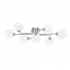 REYNA 7 Light Semi Flush Ceiling Light in Chrome with GL20 Opal & Clear Ribbed Glass Shade