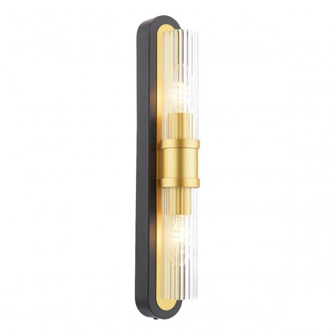 Rhian 2 Light Wall Light in Matt Black with Gold Accent and Ribbed Glass Shades