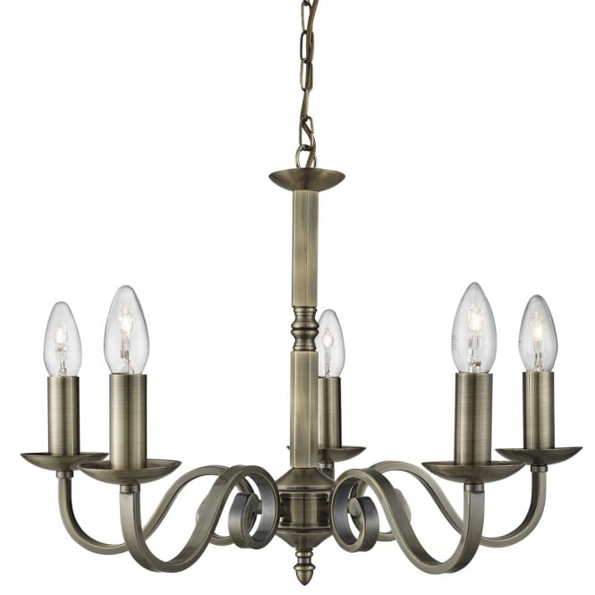 RICHMOND 5 light scroll detail ceiling pendant in antique brass