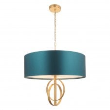 RIDLEY Double Hoop Antique Gold Pendant Light With Large Teal Shade