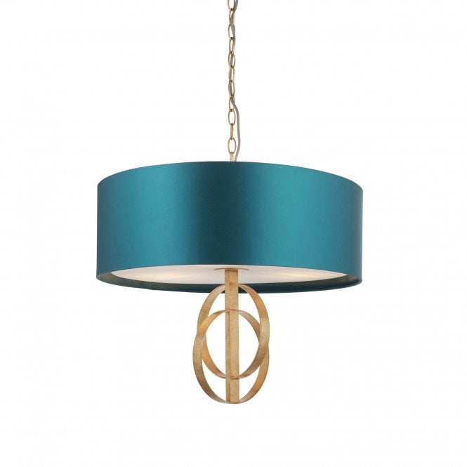 RIDLEY Double Hoop Antique Gold Pendant Light With Teal Shade