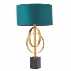 RIDLEY Double Hoop Antique Gold Table Lamp with Teal Shade