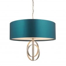 RIDLEY Double Hoop Silver Leaf Pendant Light With Large Teal Shade