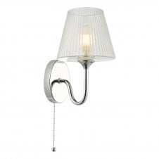 A deco-inspired, chrome, bathroom wall light with clear ribbed glass shade 