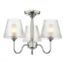 A modern, deco-inspired, polished chrome, semi-flush bathroom ceiling light with three ribbed glass shades