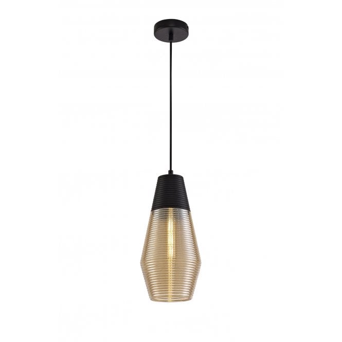 RIPPLE Cone Shaped Ceiling Pendant Black and Ridged Amber Glass