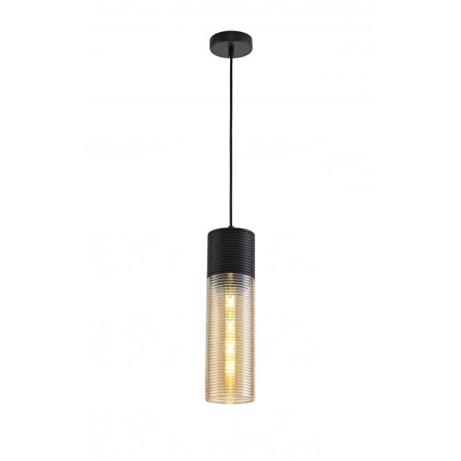 RIPPLE Tube Shaped Ceiling Pendant Black and Ridged Amber Glass