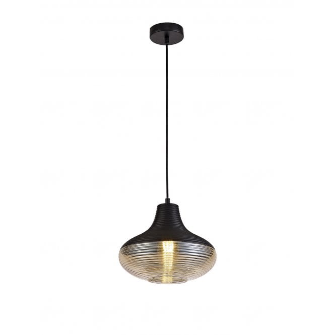 RIPPLE Vase Shaped Ceiling Pendant Black and Ridged Amber Glass