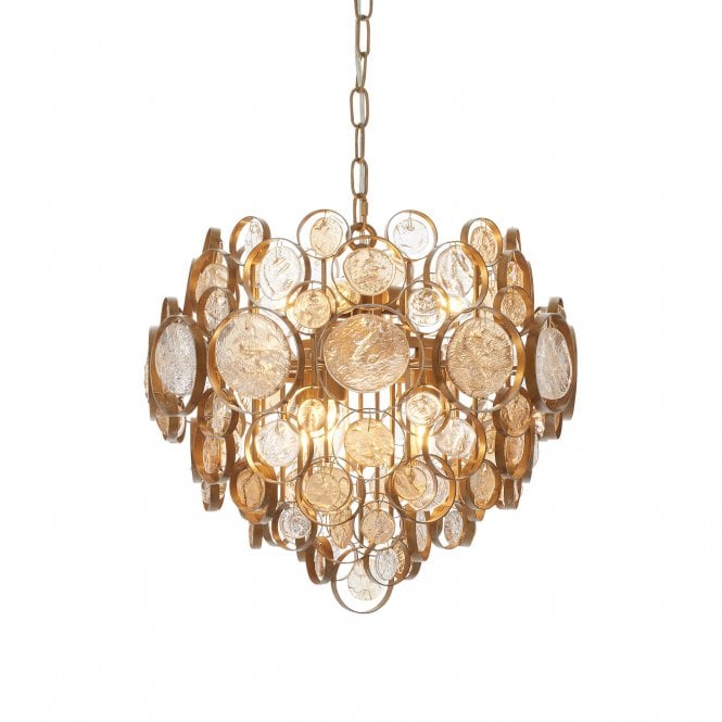 ROLEAU Antique Gold Chandelier With Clear And Amber Glass Details