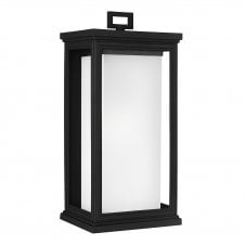 modern vintage exterior wall lantern in textured black with opal glass