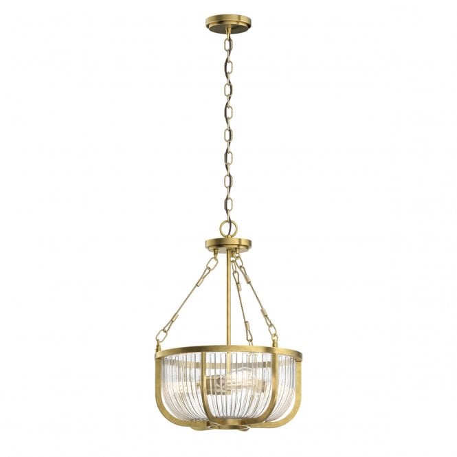 ROUX 3 Light Pendant/ Semi-Flush in Brass and Clear Ribbed Glass