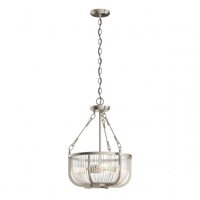 ROUX 3 Light Pendant/ Semi-Flush in Brushed Nickel and Clear Ribbed Glass