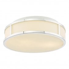 modern art deco inspired fush bathroom ceiling light in polished chrome with opal glass shade