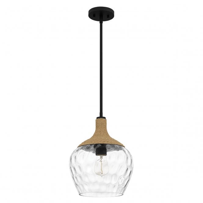 Royer Pendant Matte Black & Natural Rope with Mottled Blown Glass Shade