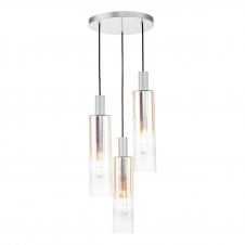 3 light pendant in silver with ribbed iridescent glass tube shades