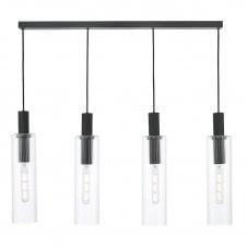 Slim 4 light pendant bar in satin black with ribbed glass shades