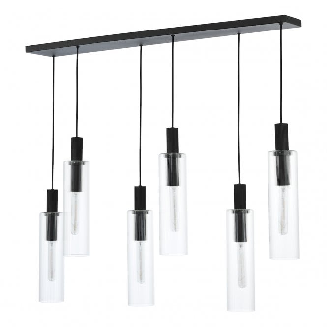 Ruben 6 Light Bar Pendant Satin Black and Ribbed Glass