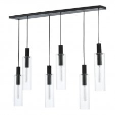 6 Bar Pendant black with braided cable height adjustable, satin black finish with clear ribbed glass
