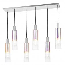 Slim 6 light bar pendant in silver with iridescent ribbed glass tube shades