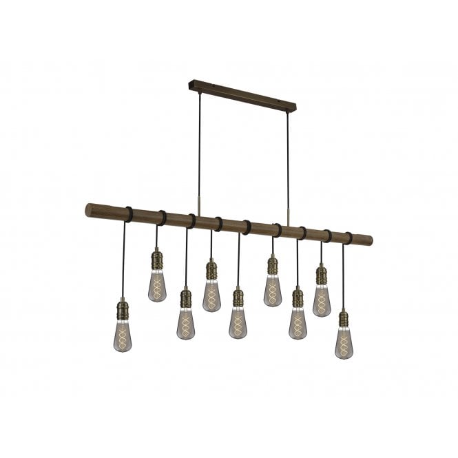 RUSTICA Ceiling Pendant Bar | Medium Oak with Antique Brass | 9 Light