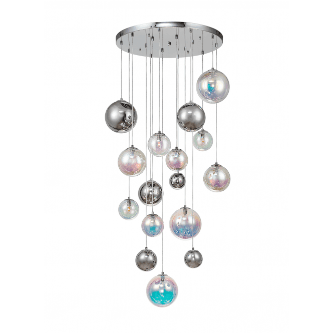 RYLEE 16 Light Ceiling Pendant Cluster in Polished Chrome with Iridescent Glass
