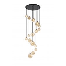 RYLEE 16 Light Pendant Cluster in Satin Black with Amber Plated Glass 